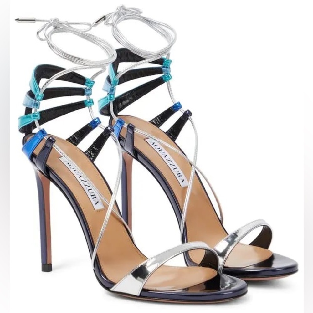 Aquazzura Bellissima 105 Blue & Silver Metallic Lace-Up Sandals Sz 40 | VGUC - Picture 3 of 12